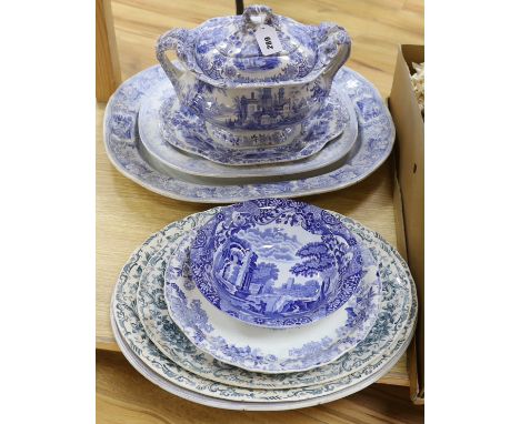 A group of 19th century blue and white dishes, and a soup tureen, cover and stand by Copeland Spode, etc (8)