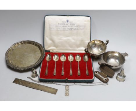 Mixed silver etc. including a George VI silver waiter, silver teaspoons, Scottish silver quaich, a cased silver 25th annivers