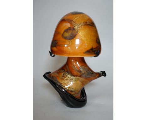 An indistinctly signed  multi coloured art glass mushroom shaped table lamp, 35cm high