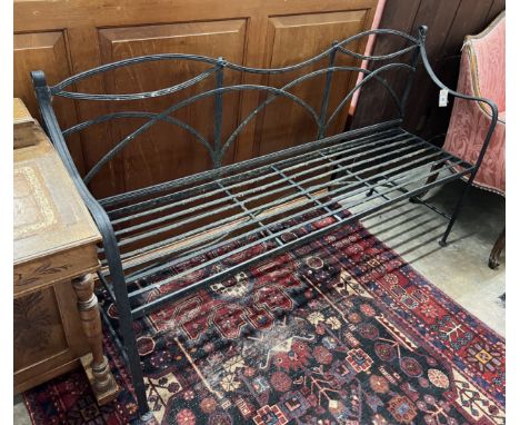 A painted wrought iron garden bench, length 166cm, depth 45cm, height 91cm