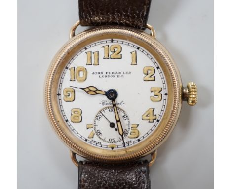 A gentleman's early 20th century yellow metal manual wind wrist watch, retailed by John Elkan Ltd, London, with Arabic dial a