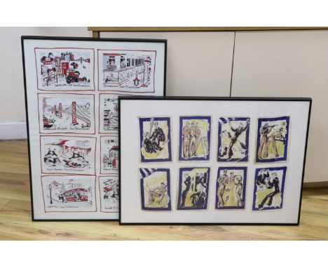 Sixteen vintage American cocktail napkins (1940's /50's), mounted and framed as two, each overall 70 x 50cm