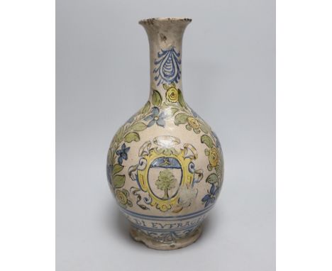 An 18th century Italian maiolica pottery bottle vase, 27cm high