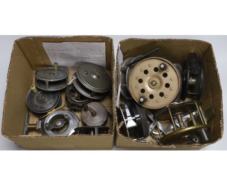Twelve various fishing reels including a brass and horn handled 4 inch reel and a pair of Hardy wader hangers