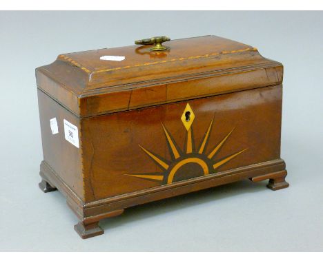 A 19th century mahogany inlaid tea caddy. 25.5 cm wide.