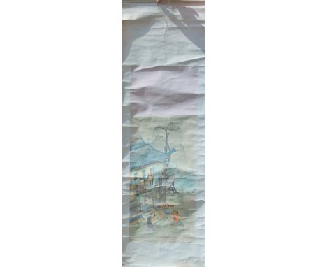 A late 19th/early 20th century Chinese scroll painting of two ladies in an interior. 54 x 170 cm.