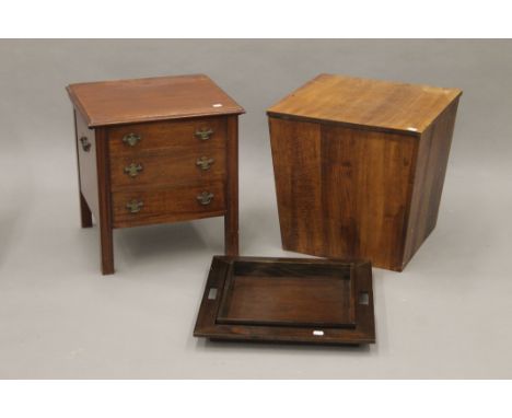 A converted 19th century mahogany commode, a modern lidded box and a tray. The former 46 cm wide.