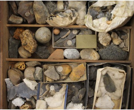 A collection of various mineral specimens, Stone Age tools, etc.