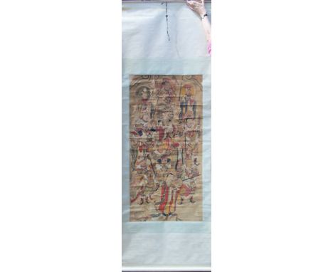 A 19th century Chinese scroll painting depicting various deities, etc. 90 x 270 cm.