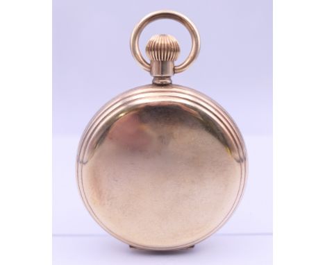 A gold plated full hunter pocket watch, the enamel dial inscribed ''Thos Russell &amp; Son Tembus Fugit Liverpool''. 5 cm dia