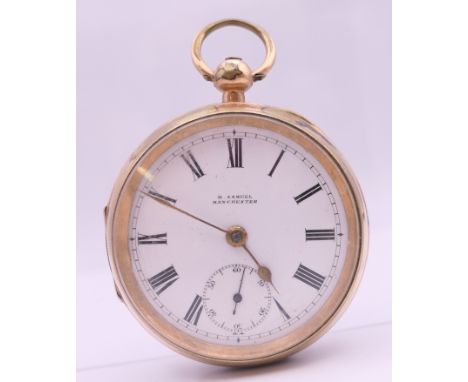 A late 19th/early 20th century gold filled open face pocket watch, the enamel dial inscribed ''H Samuel Manchester''. 5 cm di