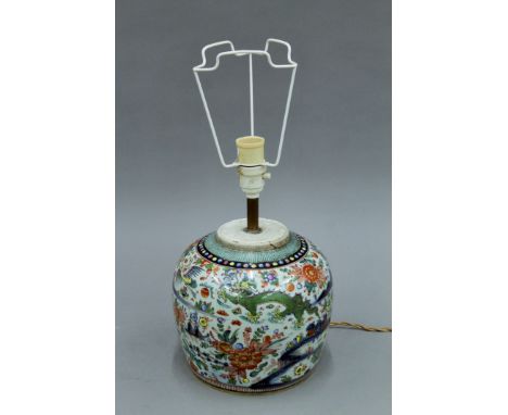 An 18th/19th century Chinese porcelain ginger jar form lamp. 44 cm high overall.