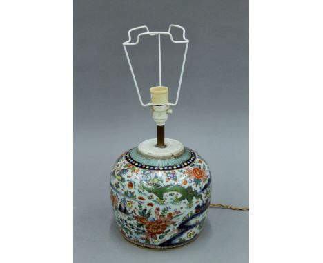 An 18th/19th century Chinese porcelain ginger jar form lamp. 44 cm high overall.