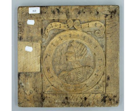 An antique carved oak panel. 35.5 x 35.5 cm.
