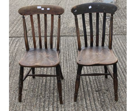 Two Victorian elm seated splat back kitchen chairs and another; together with a Victorian mahogany toilet mirror. The mirror 
