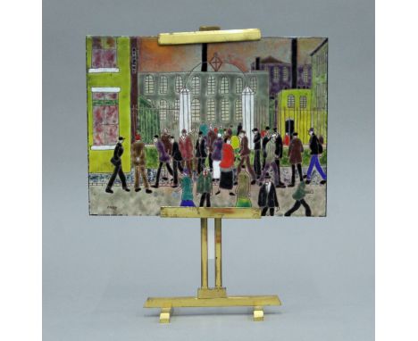 A pictorial enamel plaque, signed Casey, on a brass easel. 20 x 15 cm.
