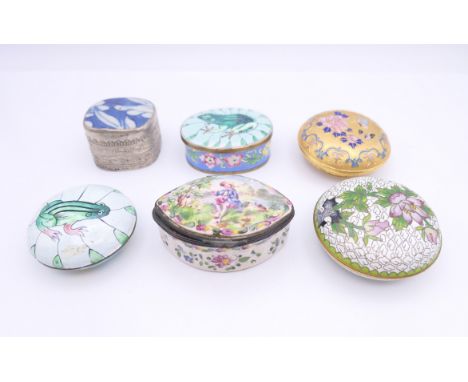 A quantity of enamel and other patch boxes, one marked Lille 1767 to base. Lille box 7 cm long.