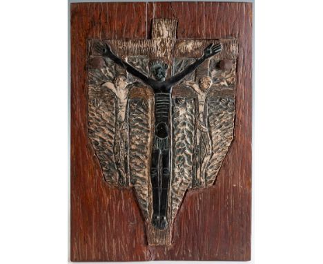 NURIA LLIMONA RAIMAT (Barcelona, 1917 - 2011)."Calvary".1964.Fire enamelled terracotta.On wooden panel.Signed and dated on th