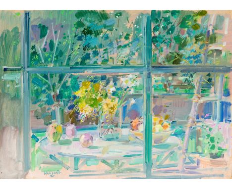 JULIÁN GRAU SANTOS (Canfranc, Huesca, 1937)."Mimosas through the greenhouse".Oil on paper and board.Signed in the lower part.