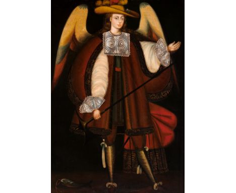 Cusco School, Viceregal period, 19th century."Saint Raphael the Archangel".Oil on canvas.No signature.Measurements: 70 x 49 c