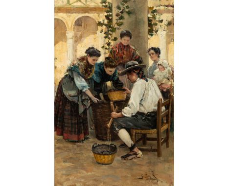 GABRIEL PUIG RODA (Tírig, Castellón, 1865 - Vinaròs, Castellón, 1919)."Family of Peasants".Oil on panel.Signed in the lower r