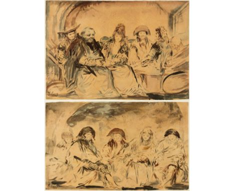 Follower of EUGENIO LUCAS VELÁZQUEZ (Madrid, 1817 - 1870), pps.s.XX."Goyaesque scenes".Two ink drawings on old paper.Apocryph