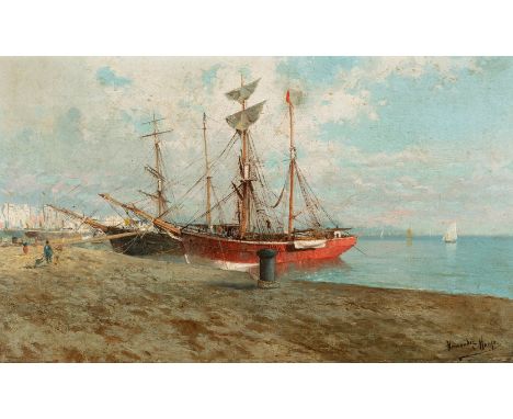 FRANCISCO HERNÁNDEZ MONJÓ (Mahón, Menorca, 1862 - Barcelona, 1937)."Ships in the port of Mallorca".Oil on canvas.Signed in th