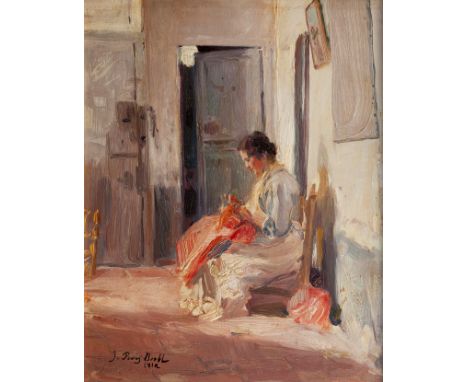 JULIO PERIS BRELL, (Valencia, 1866 - 1944)."Woman Sewing. 1918.Oil on panel.Signed and dated in the lower right corner.Size: 