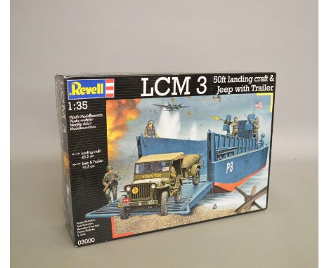 Revell 03000 LCM 3 50ft Landing Craft &amp; Jeep with Trailer 1:35 scale plastic model kit. Boxed, unstarted and complete.