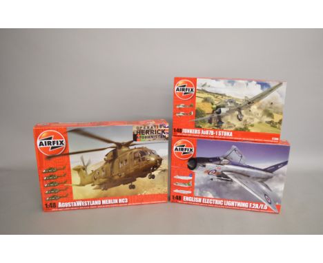 Three Airfix plastic model kits, all 1:48 scale aircraft: A14101 AgustaWestland Merlin HC3; A09178 English Electric Lightning