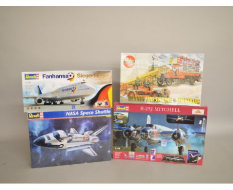 Four plastic model kits: Airfix 09441 Dennie Fire Engine &amp; Omnibus 1:32 scale; Revell 85-5904 NASA Space Shuttle; Revell 