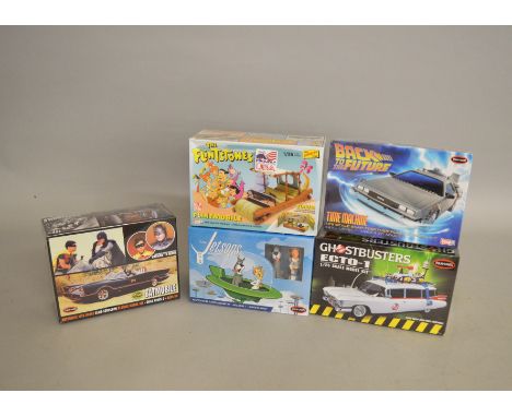 Five Polar Lights TV/film related plastic model kits: Back to the Future Time Machine; Batman Batmobile; Flintstones Flintmob