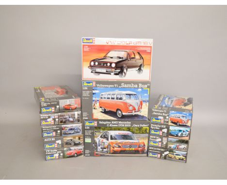 Twelve Revell plastic model kits, all 1:24 scale vehicles including Audi and VW Samba bus. Boxed, ex-shop stock. 