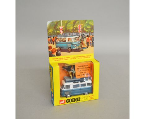 A boxed Corgi Toys 479 Commer Mobile Camera Van, appears VG in a generally G/G+ box, with some splits in the plastic window o