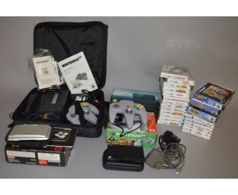 A Nintendo 64 Games Console in carry case with controllers, leads etc. together with three boxed games, 'Super Mario', 'Mario