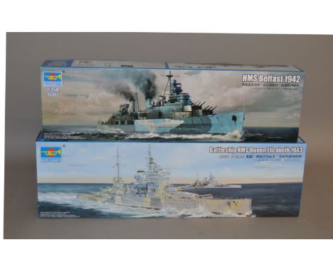 Two Trumpeter 1:350 scale plastic model kits: 05324 Battleship HMS Queen Elizabeth 1943; 05334 HMS Belfast 1942. Boxed, unsta