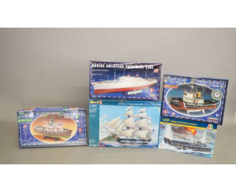 Five plastic model kits, all boats and ships: Lindberg 77225 Coast Guard Tug Boat; Lindberg 77221 Remorqueur Diesel; Lindberg