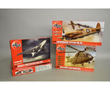 Four Airfix plastic model kits, all military aircraft: A12005A Supermarine Spitfire Mk.Vb 1:24 scale; A14101 AgustaWestland M