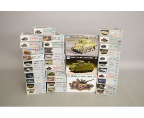 Thirty four Trumpeter 1:72 scale military related plastic model kits, mostly tanks. Boxed, ex-shop stock.