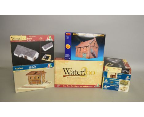 Eight plastic model kits, all buildings, by Italeri and MiniArt, including Italeri Waterloo series. Boxed, ex-shop stock. (8)