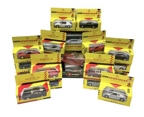 Seventeen Shell Sportscar Collection die-cast models including 1:24 scale Jaguar XJ220 by Maisto; and Bburago 1:20 scale die-