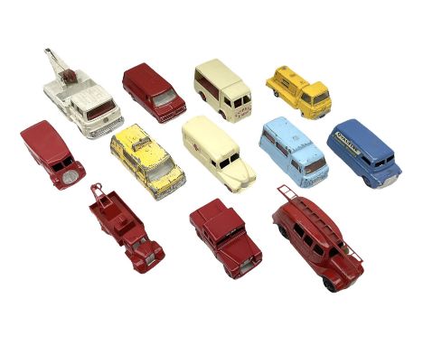 Dinky - twelve unboxed and playworn/repainted die-cast commercial vehicles comprising Daimler Ambulance, Fire engine, Royal M