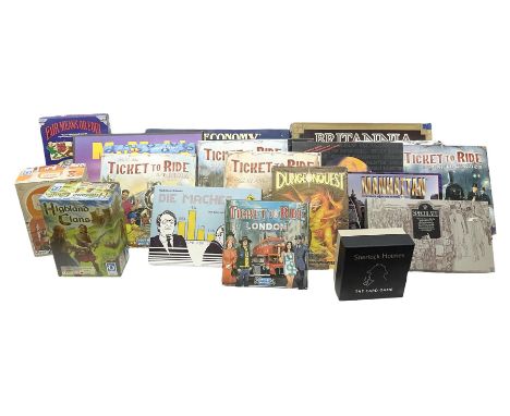 Twenty board games including five different versions of Alan R. Moon Ticket to Ride; Dungeonquest; Manhattan; Speculate; McMu