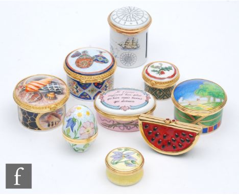 A collection of assorted enamel and porcelain trinket and pill boxes to include Royal Worcester, Halcyon Days and Elliot Hall
