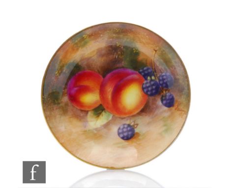A small Royal Worcester Fallen Fruits pin dish coaster decorated by Roberts with hand painted peaches and blackberries, signe