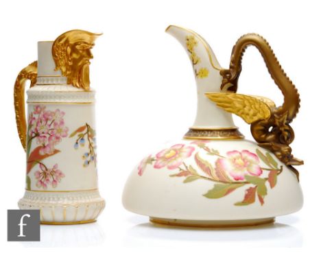 Two late 19th Century Royal Worcester blush ivory jugs, the first shape 1048 decorated with sprays of flowers with a handle f