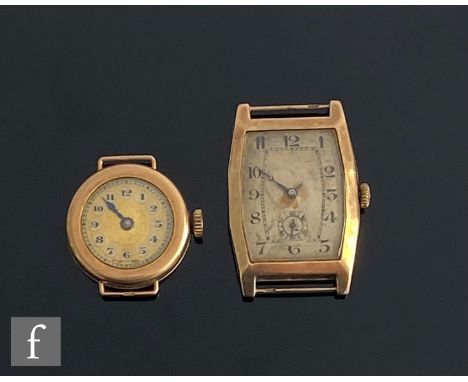 A mid 20th Century 9ct manual wind wrist watch, Arabic numerals to a cushioned rectangular dial, with a similar circular lady