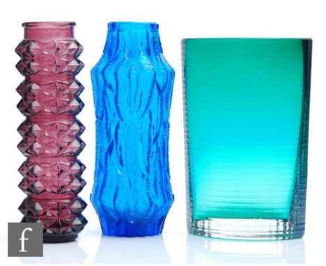 A trio of mid 20th Century continental glass vases comprising a 1960s Oberglas amethyst vase with spiked moulded decoration, 