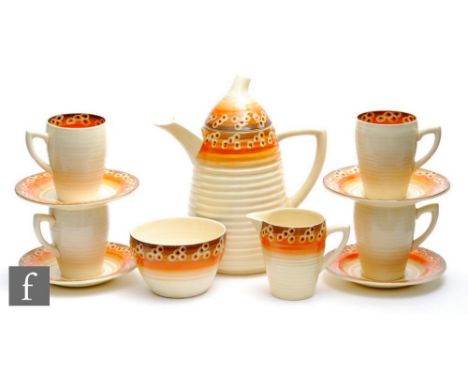 A Clarice Cliff Lynton shape part coffee service circa 1937, comprising coffee pot, milk, sugar, four cups and saucers, hand 