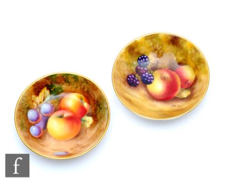 Two small Royal Worcester Fallen Fruits pin dishes, the first decorated by Cox with hand painted apples and blackberries, dia